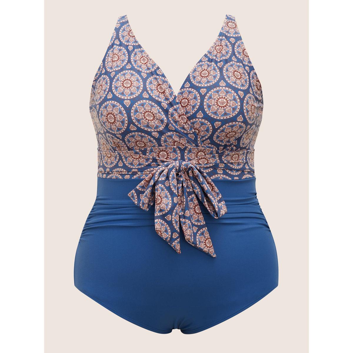 Plus Size Boho Print Overlap Collar Patchwork One Piece Swimsuit Women's Swimwear Indigo Beach Gathered Curve Bathing Suits High stretch One Pieces BloomChic 28/5X Product Image