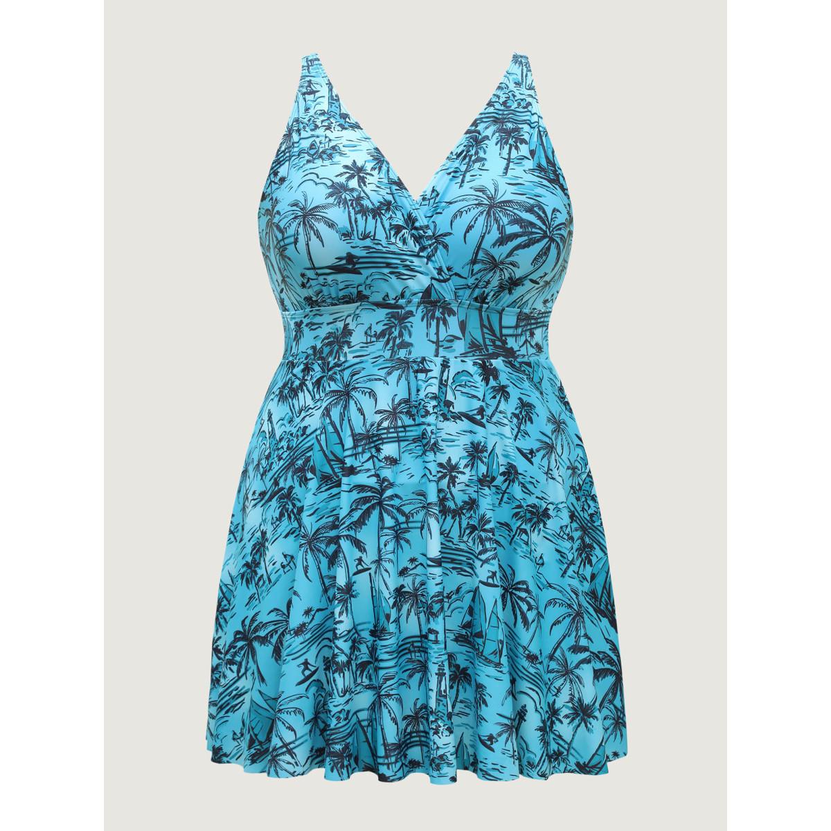 Plus Size Anti Float Tie Tropical Print Swim Dress Women's Swimwear Teal Resort Bodycon Overlap Collar High stretch Curve Swim Dresses BloomChic 28/5X Product Image