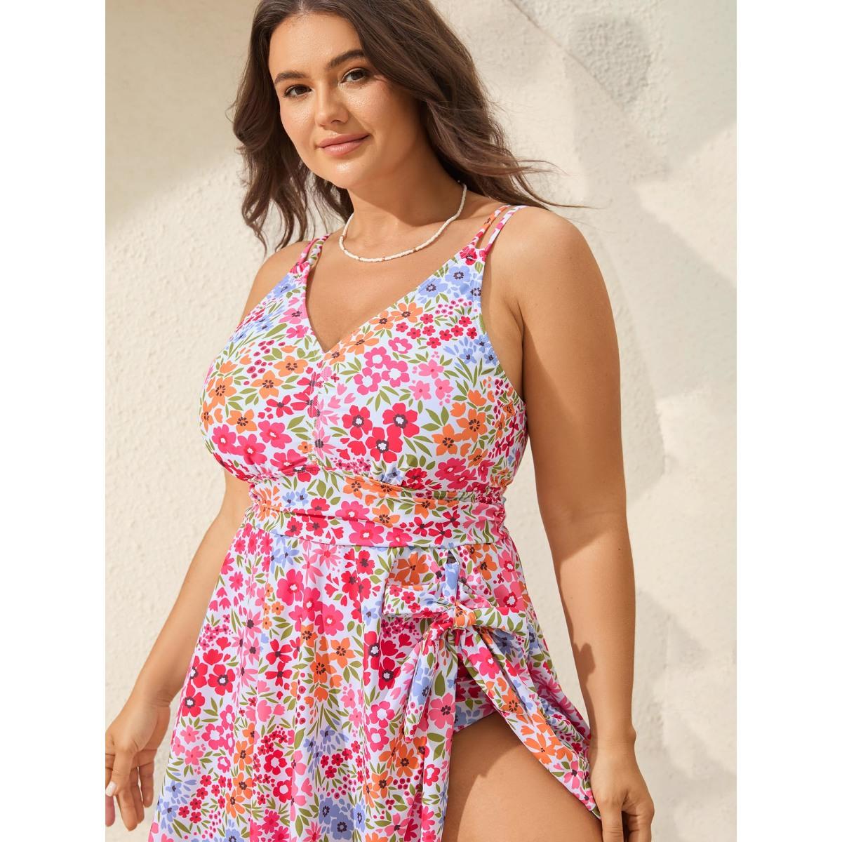 Plus Size Knotted Blooming Floral Print Swim Dress Women's Swimwear Ivory Resort Bodycon V-neck High stretch Curve Swim Dresses BloomChic 22-24/3X Product Image