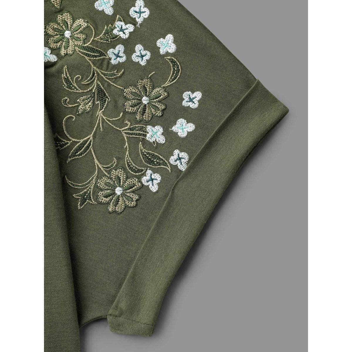 Plus Size Stretchy Embroidered Drop Shoulder T-Shirt ArmyGreen Women Timeless Roll Hem V-neck Elegant T-shirts BloomChic 22-24/3X Product Image