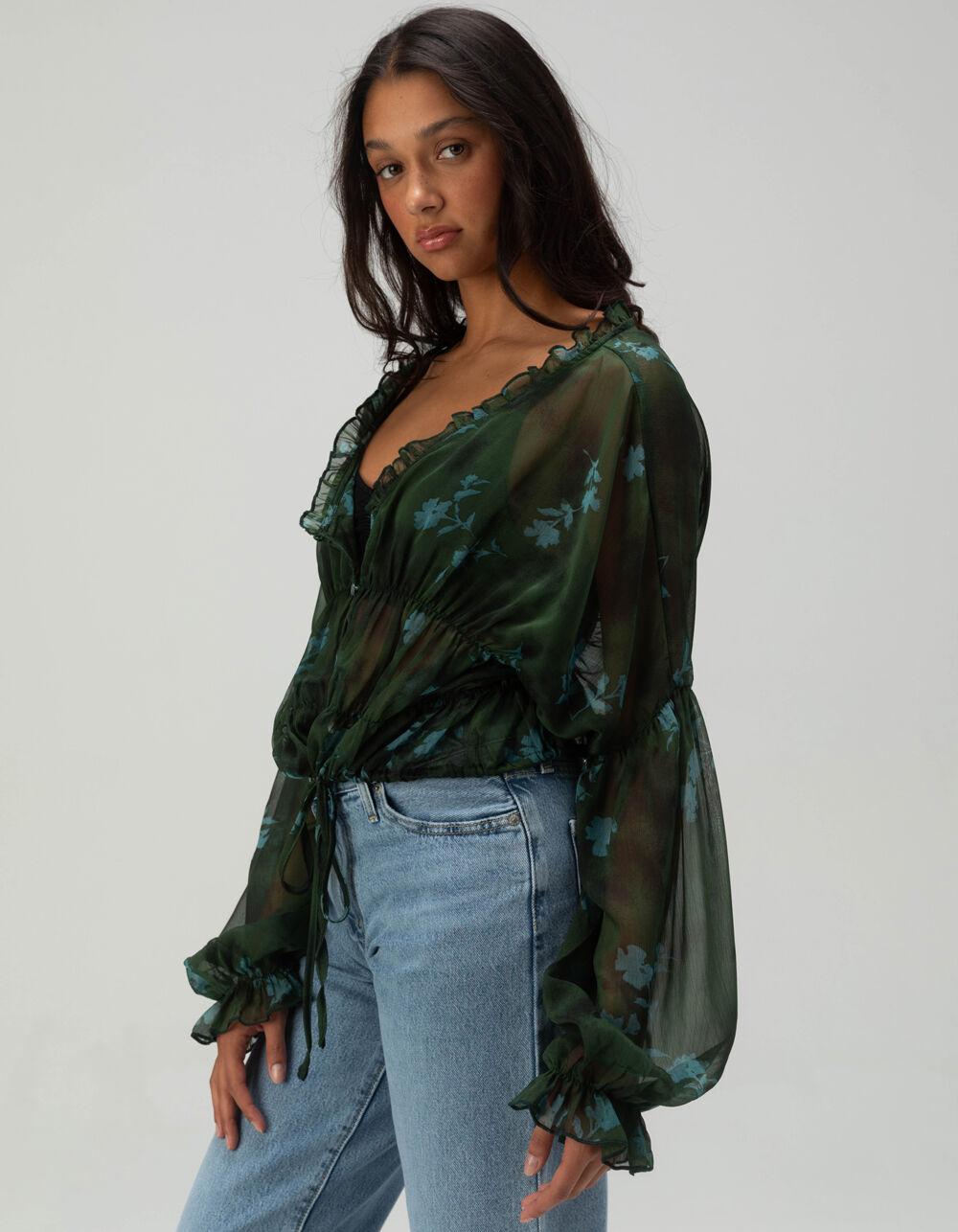 WEST OF MELROSE Printed Womens Blouse - GREEN COMBO Product Image