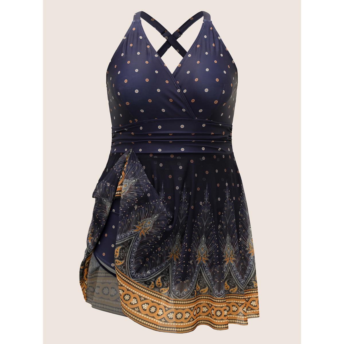 Plus Size Boho Print Overlap Collar Mesh Crisscross Swim Dress Women's Swimwear Indigo Beach Bodycon Overlap Collar High stretch Curve Swim Dresses BloomChic 14-16/1X Product Image