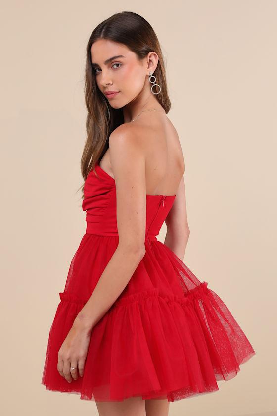 Lovely Extravagance Red Tulle Strapless Mini Dress Product Image
