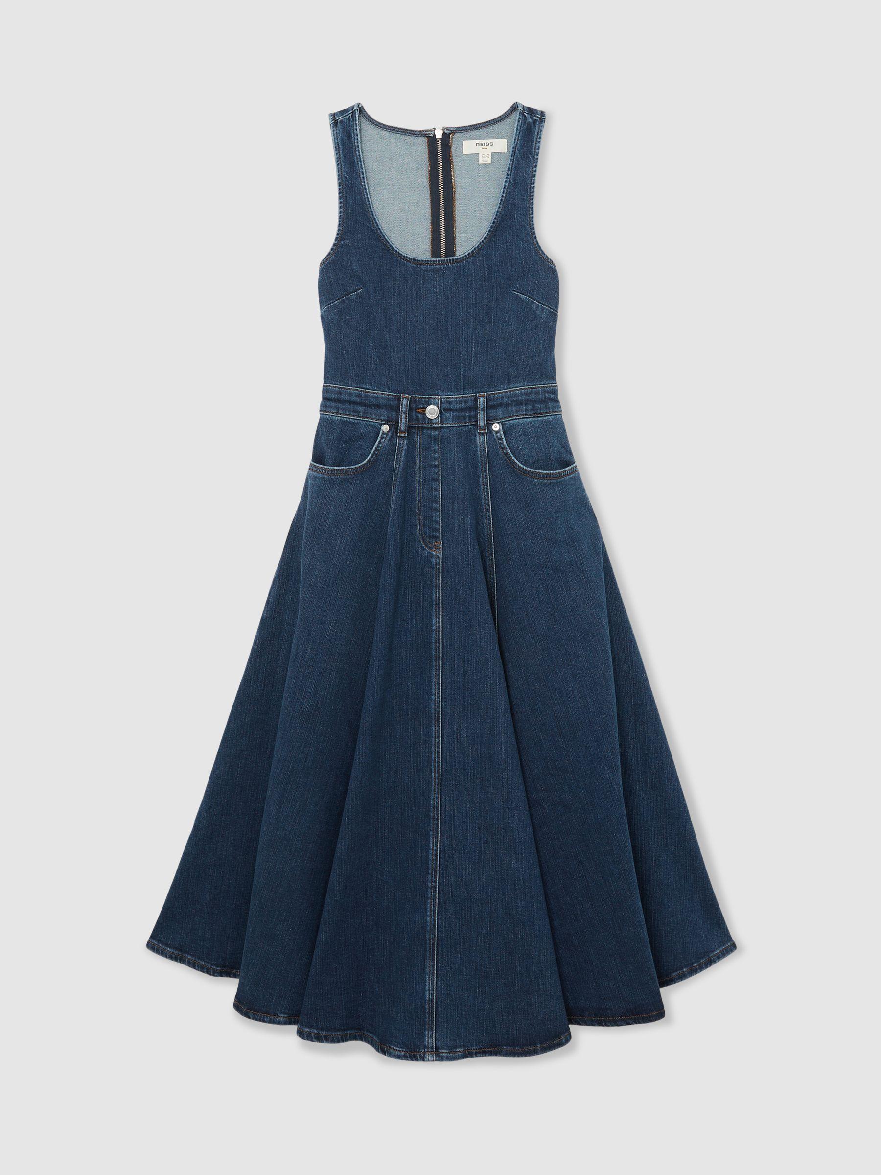 Denim Sleeveless Waisted Midi Dress in Indigo Blue Product Image