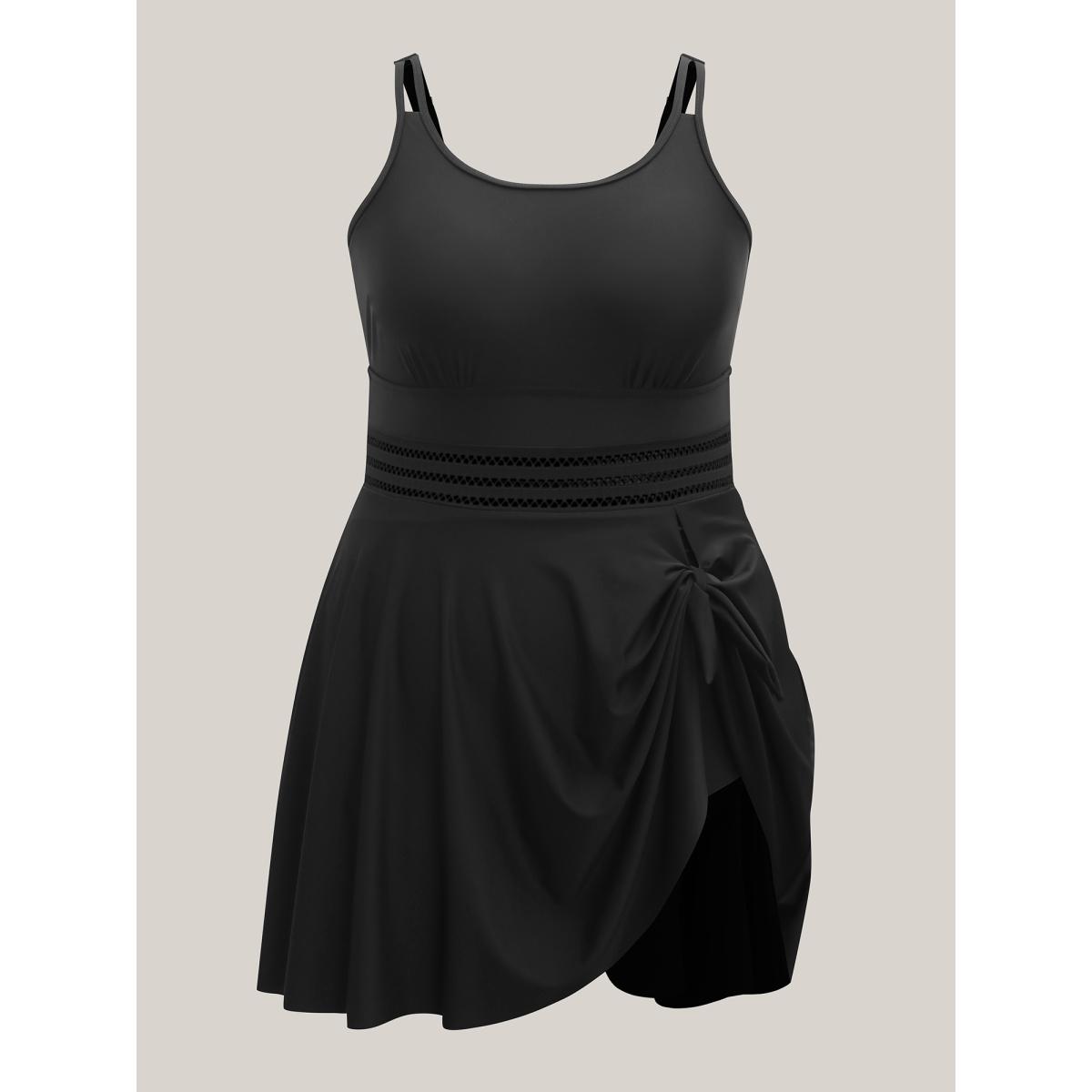 Plus Size Anti-Float Ties Webbed Split Hem Swim Dress Women's Swimwear Black Resort Bodycon U-neck High stretch Curve Swim Dresses BloomChic 30/6X Product Image