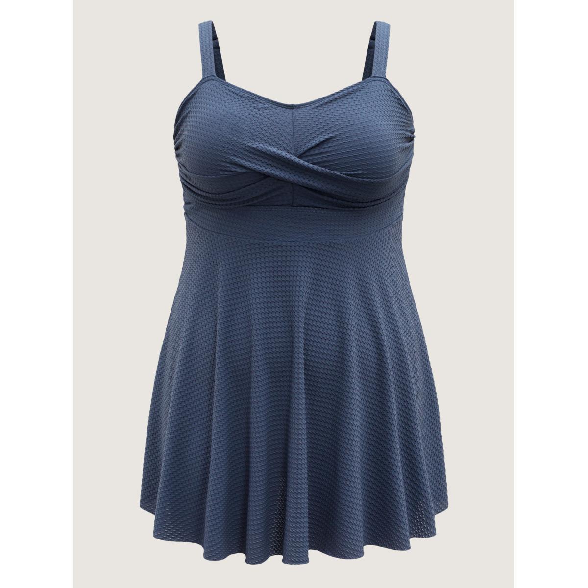 Plus Size Textured Twist Front Solid Swim Dress Women's Swimwear Indigo Resort Bodycon Heart neckline High stretch Curve Swim Dresses BloomChic 18-20/2X Product Image