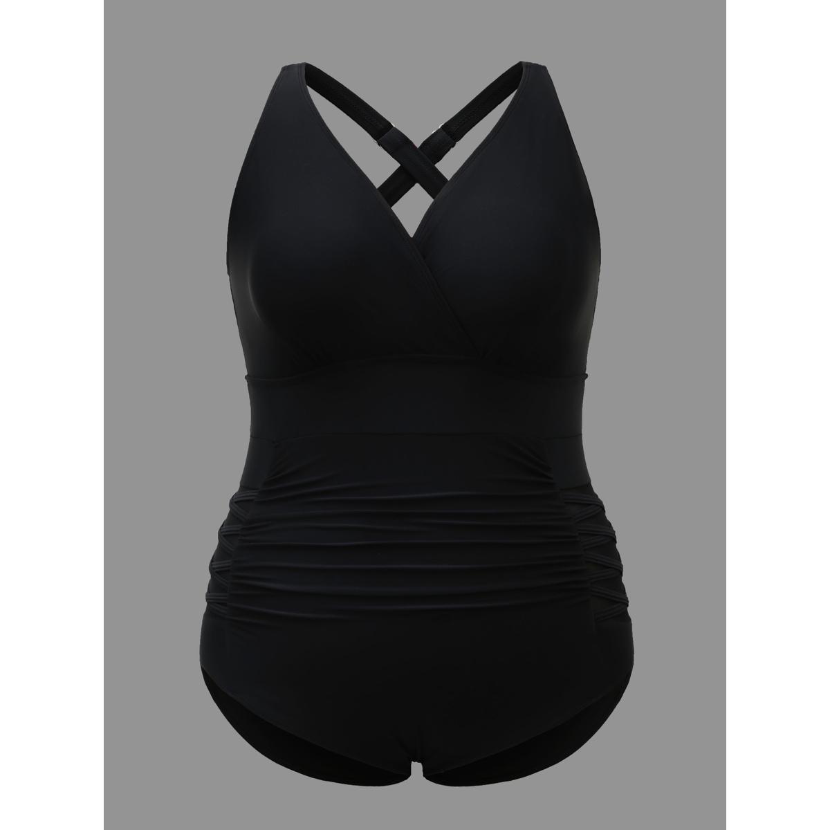 Plus Size Ruched See Through Solid One-Piece Swimsuit Women's Swimwear Black Beach Gathered Curve Bathing Suits High stretch One Pieces BloomChic 10/M Product Image