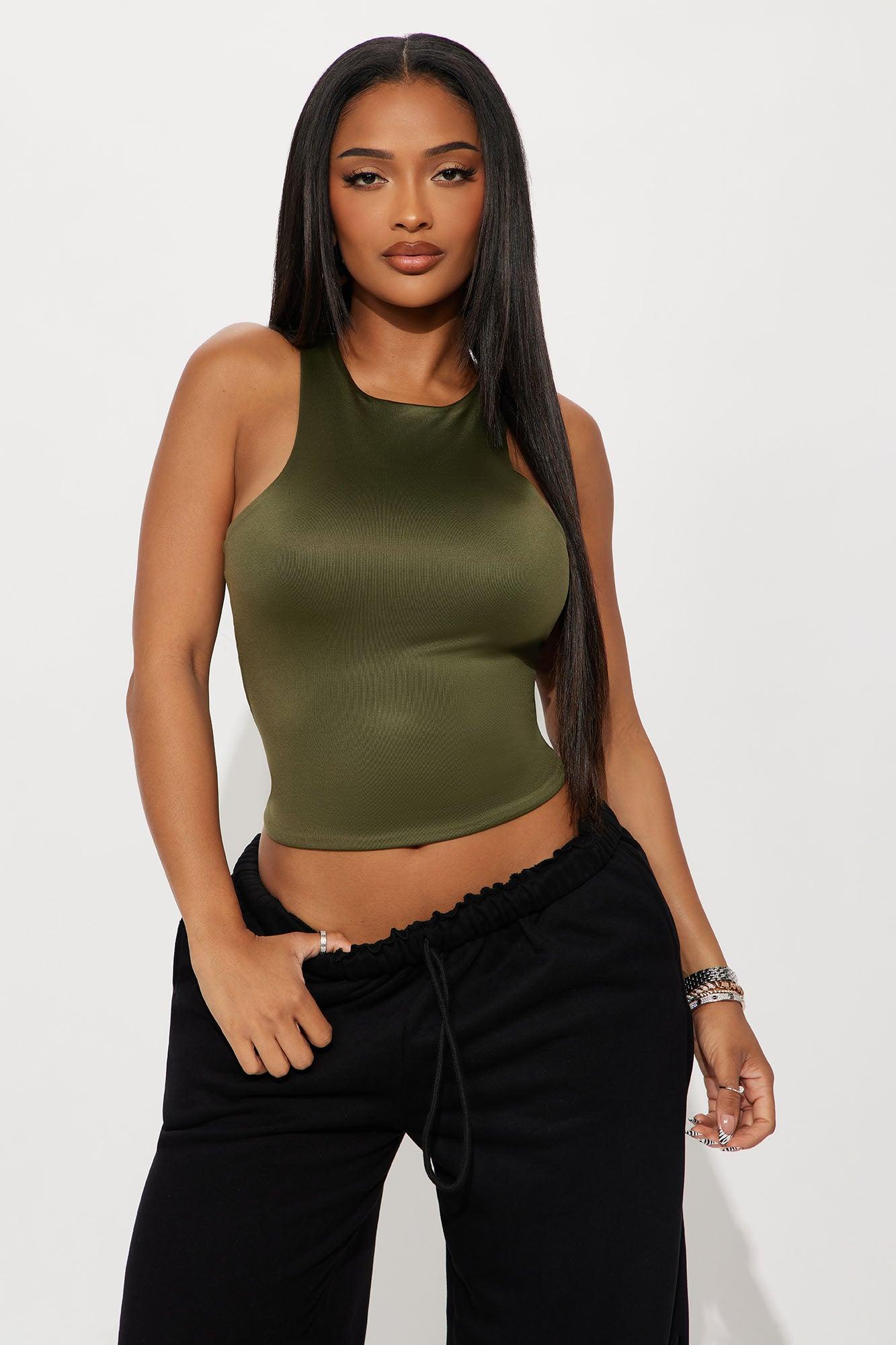Contour Double Lined High Neck Tank Top - Military Green Female Product Image