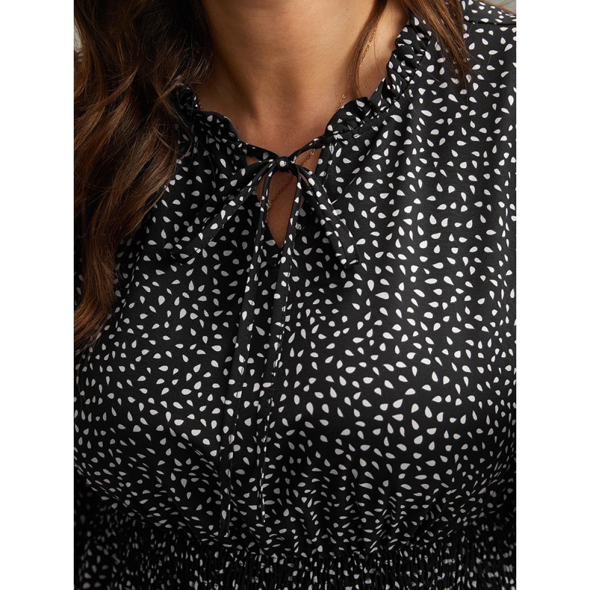 Plus Size Water Drop Print Shirred Frill Trim Tie Neck Dress BlackFlower Women Office Cross straps Tie Neck Long Sleeve Curvy Midi Dress BloomChic 18-20/2X Product Image