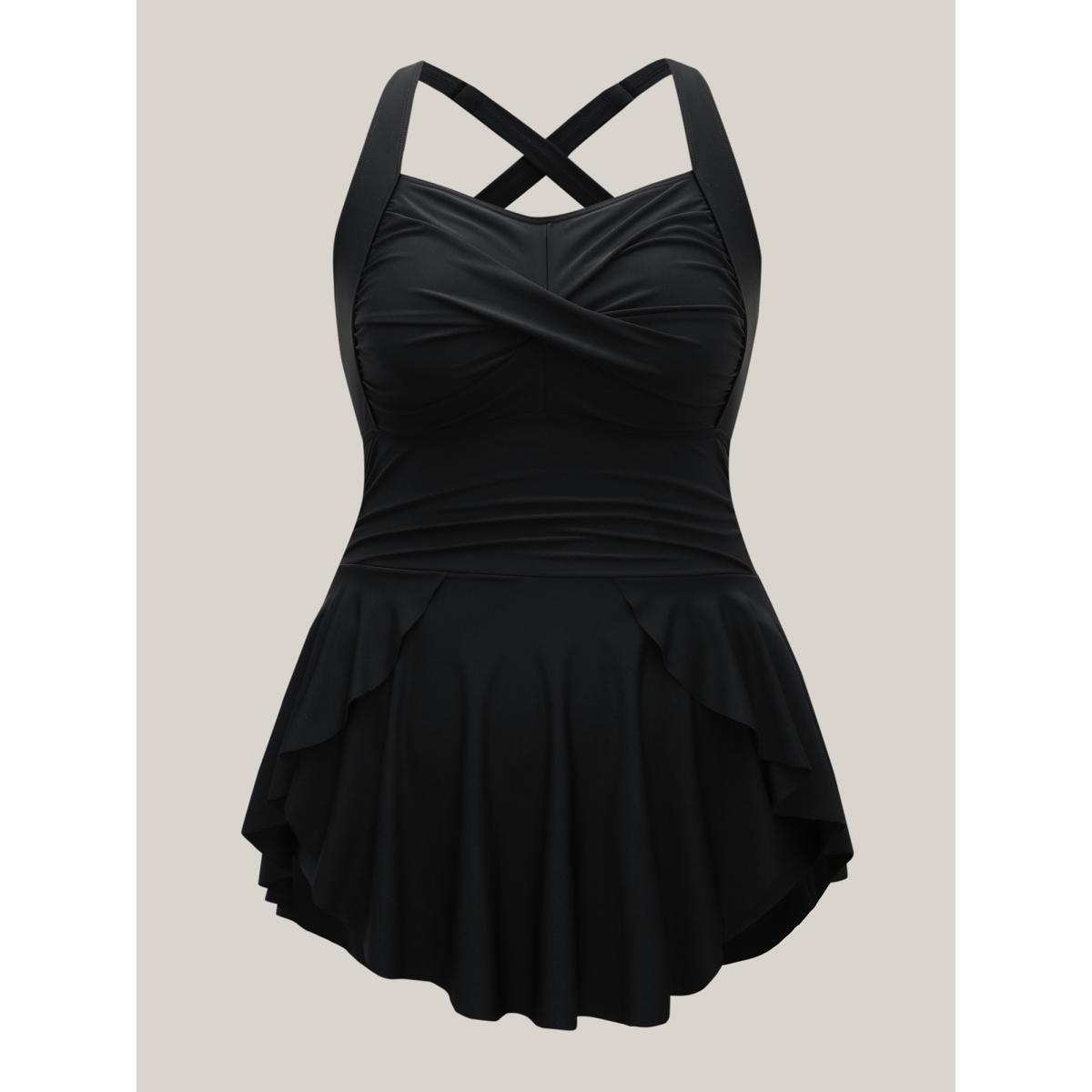 Plus Size Twist Front Ruched Ruffled Swim Dress Women's Swimwear Black Resort Bodycon Heart neckline High stretch Curve Swim Dresses BloomChic 26/4X Product Image