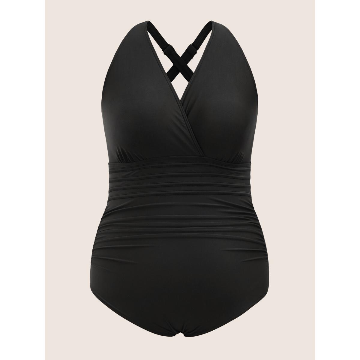 Plus Size Overlap Collar Back Crisscross Ruched One Piece Swimsuit Women's Swimwear Black Beach Woven ribbon&lace trim Curve Bathing Suits High stretch One Pieces BloomChic 10/M Product Image