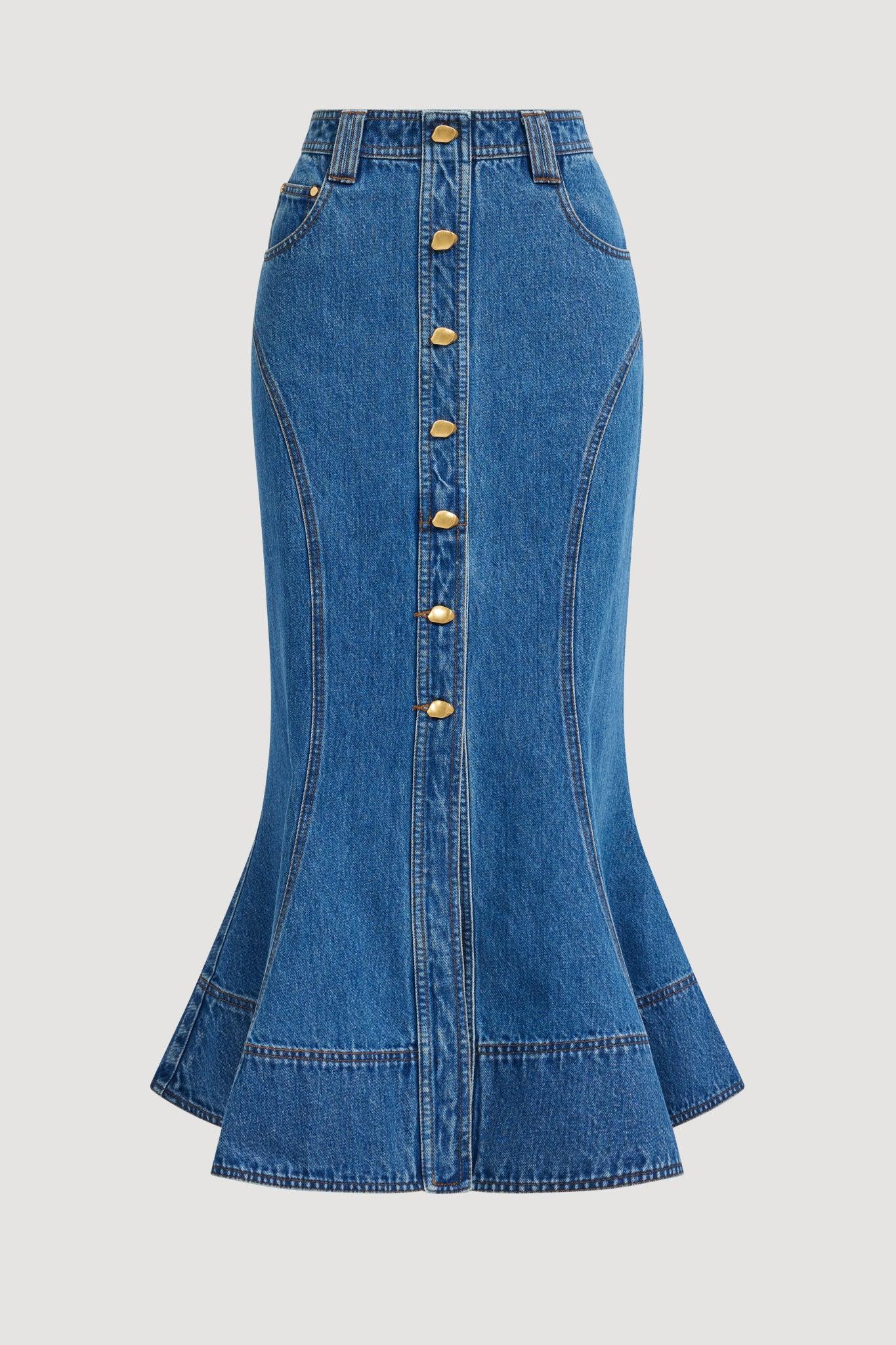 Loxley Denim Midi Skirt-MID WASH BLUE / 4 Product Image