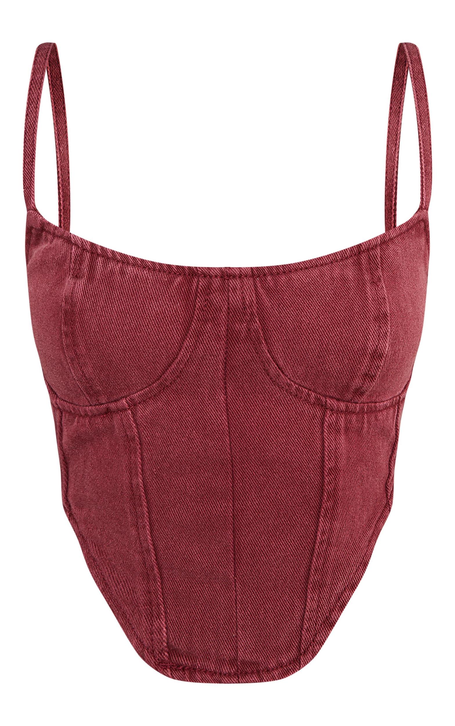 Petite Burgundy Dipped Hem Denim Corset Top Product Image