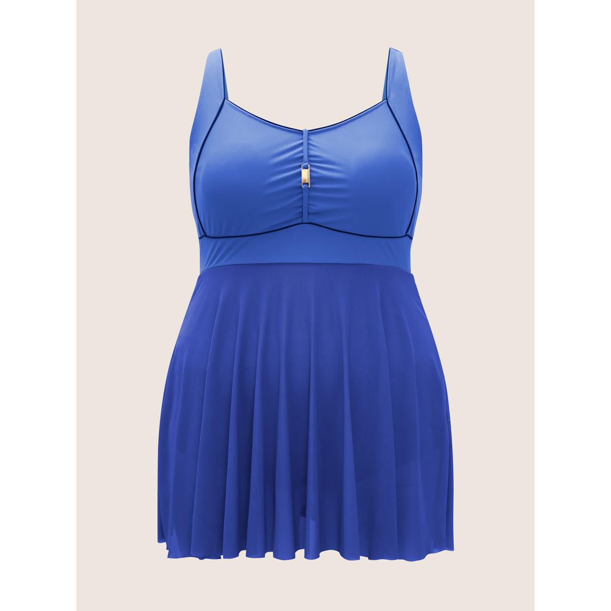 Plus Size Solid Heart Neckline Gathered Dress Women's Swimwear Blue Beach Bodycon Heart neckline High stretch Curve Swim Dresses BloomChic 26/4X Product Image