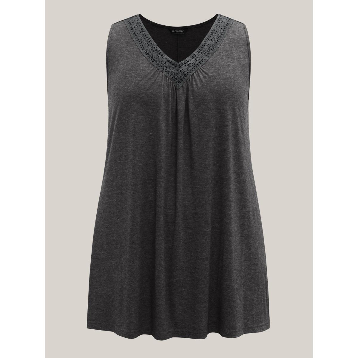 Plus Size Lace Spliced Pleated Sleeveless Solid Top Women DimGray Casual Woven ribbon&lace trim V-neck Everyday-Casual Tank Tops Camis BloomChic 22-24/3X Product Image