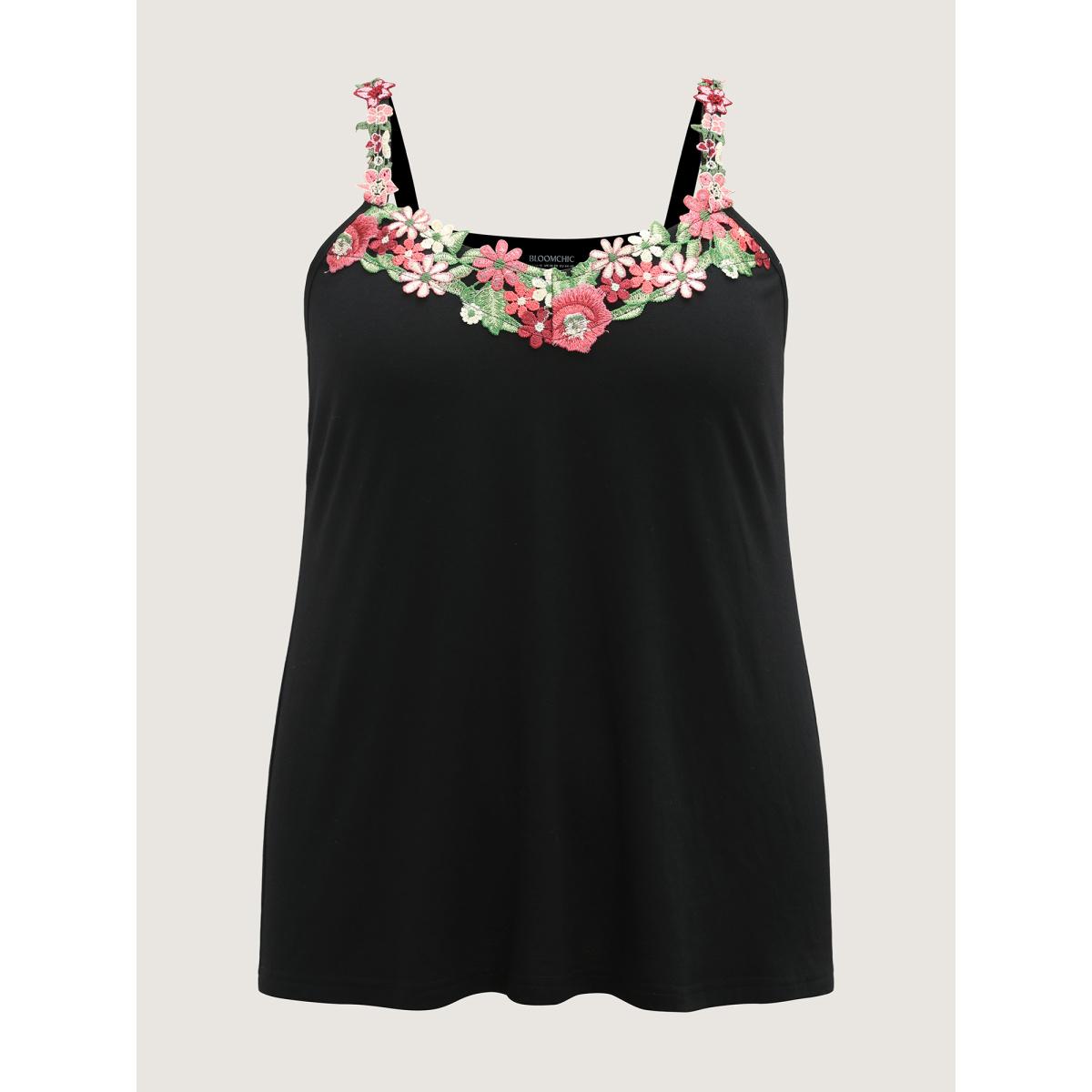 Plus Size 3D Floral Neckline Tank Top Women Cyan Romantic Woven ribbon&lace trim V-neck Elegant Tank Tops Camis BloomChic 26/4X Product Image