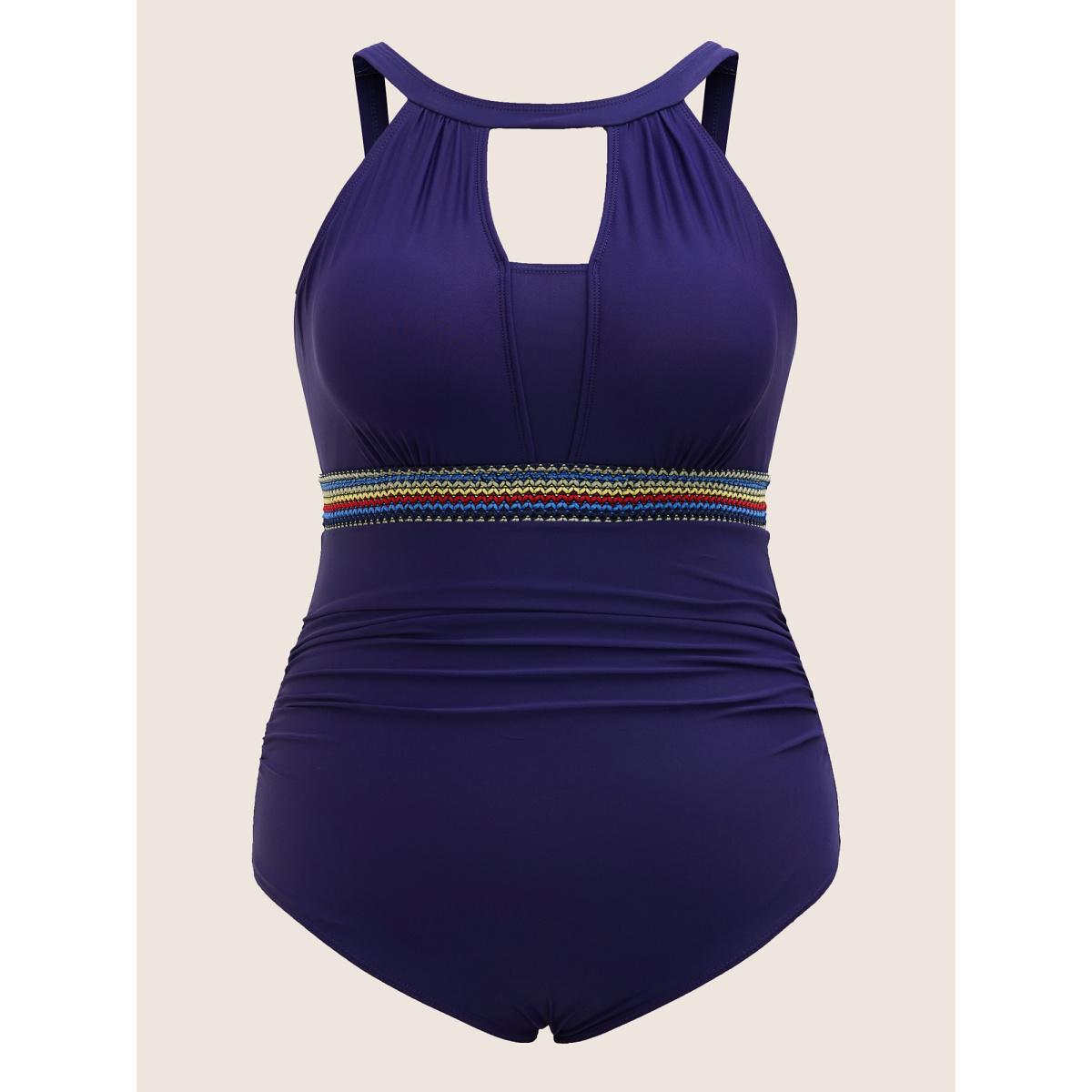 Plus Size Keyhole Contrast Webbing Ruched One Piece Swimsuit Women's Swimwear Midnight Beach Woven ribbon&lace trim Curve Bathing Suits High stretch One Pieces BloomChic 18-20/2X Product Image