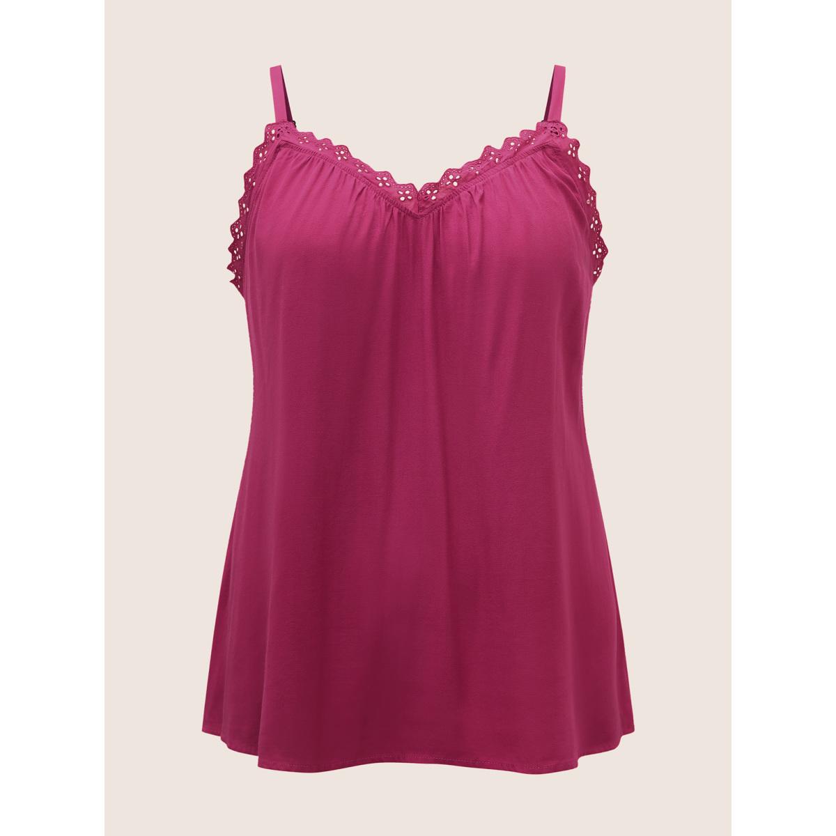 Plus Size Rayon Lace Panel Gathered Cami Top Women RedViolet Elegant Woven ribbon&lace trim V-neck Everyday Tank Tops Camis BloomChic 12/L Product Image