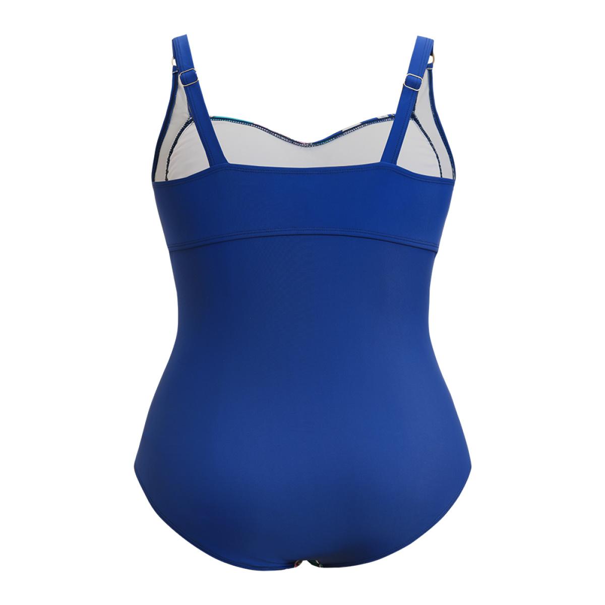 Plus Size Floral Ruched Crossover Front Sculpt Waist One Piece Swimsuit Women's Swimwear Indigo Vacation Adjustable Straps Curve Bathing Suits High stretch One Pieces BloomChic 12/L Product Image