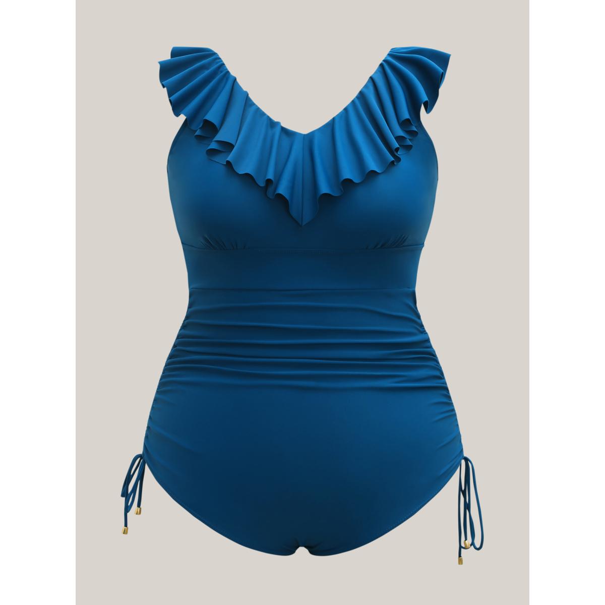 Plus Size Lotus Leaf Edge Drawstring One-Piece Swimsuit Women's Swimwear Aegean Beach Drawstring Curve Bathing Suits High stretch One Pieces BloomChic 26/4X Product Image