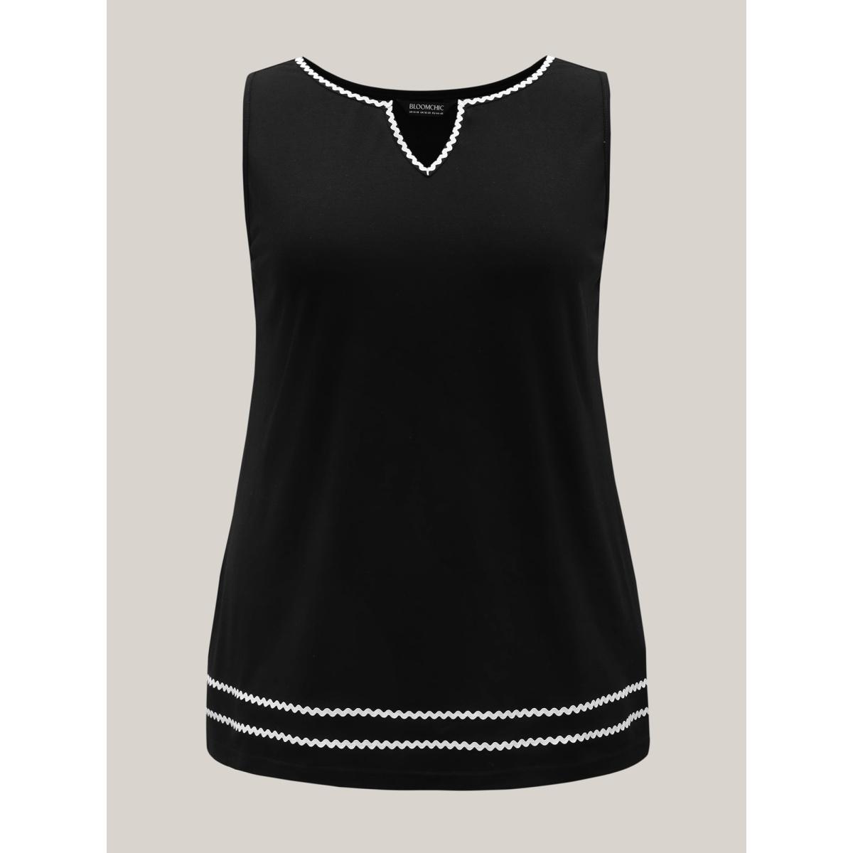 Plus Size Stretchy Webbed Split Neck Tank Top Women Black Woven ribbon&lace trim Notched collar Everyday-Casual Tank Tops Camis BloomChic 14-16/1X Product Image