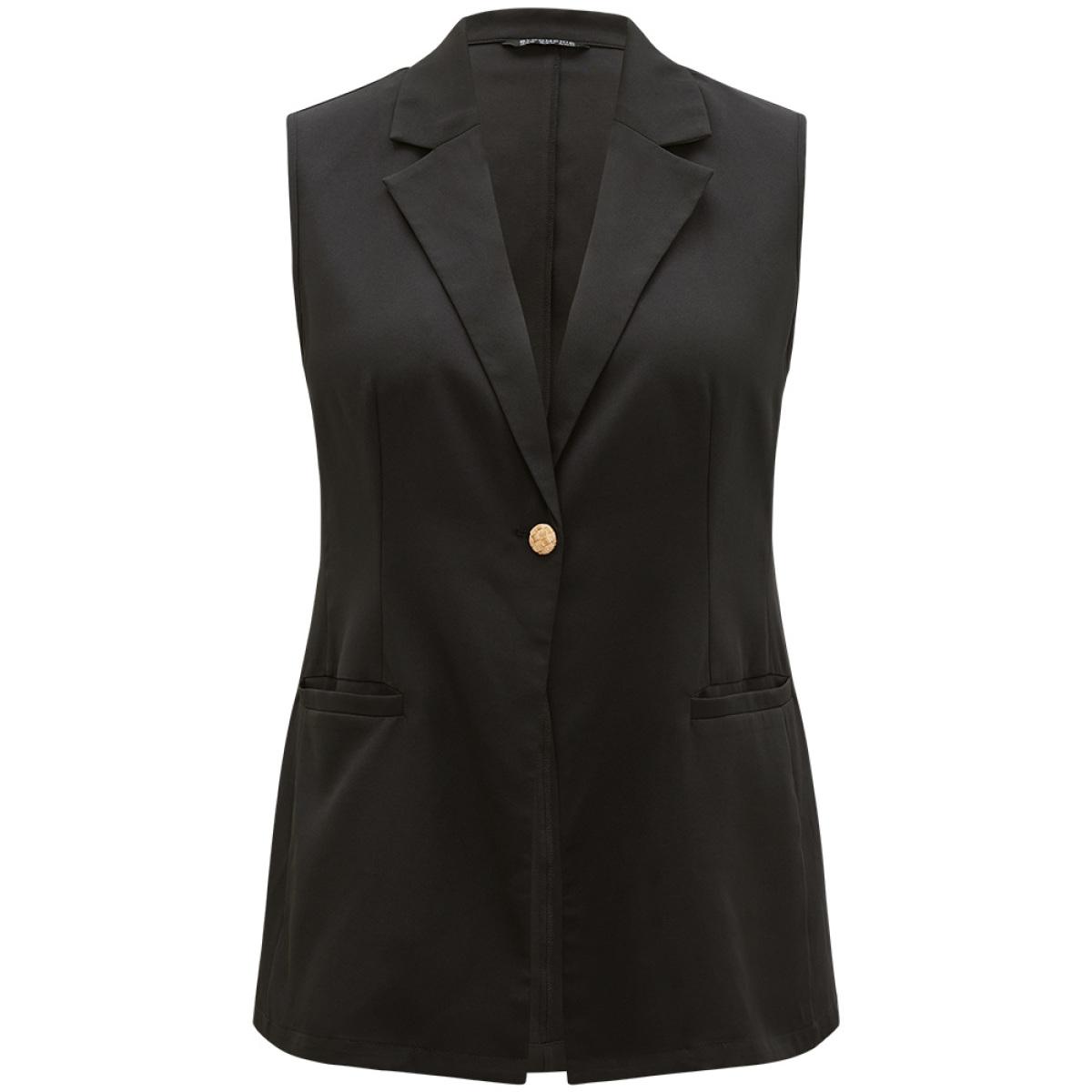 Plus Size Plain Buckle Detail Lapel Collar Pocket Sleeveless Blazer Black Women Work Plain Plain Sleeveless Sleeveless Lapel Collar 10/M Pocket Workwear Essentials Blazers BloomChic Product Image