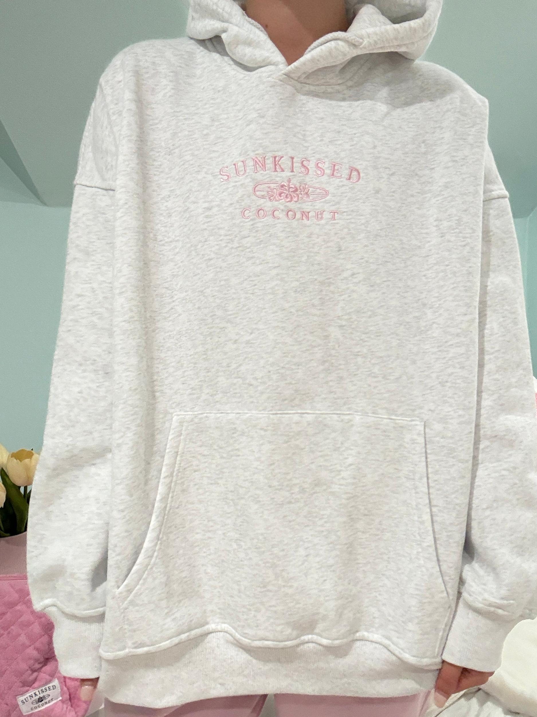 Pearl Grey and Pink Thread Sunkissedcoconut Logo Embroider Hoodie Product Image