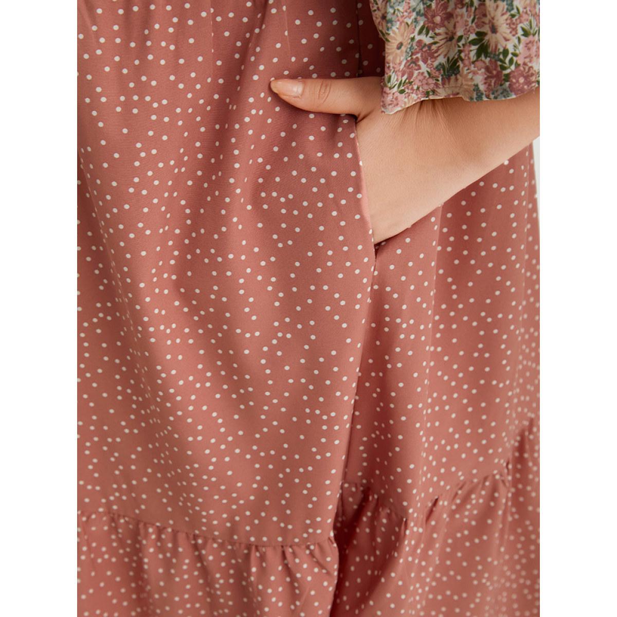 Plus Size Polka Dot & Ditsy Floral Print Notched Flutter Dress Rouge Women Elegant Printed Notched collar Half Sleeve Curvy Midi Dress BloomChic 22-24/3X Product Image