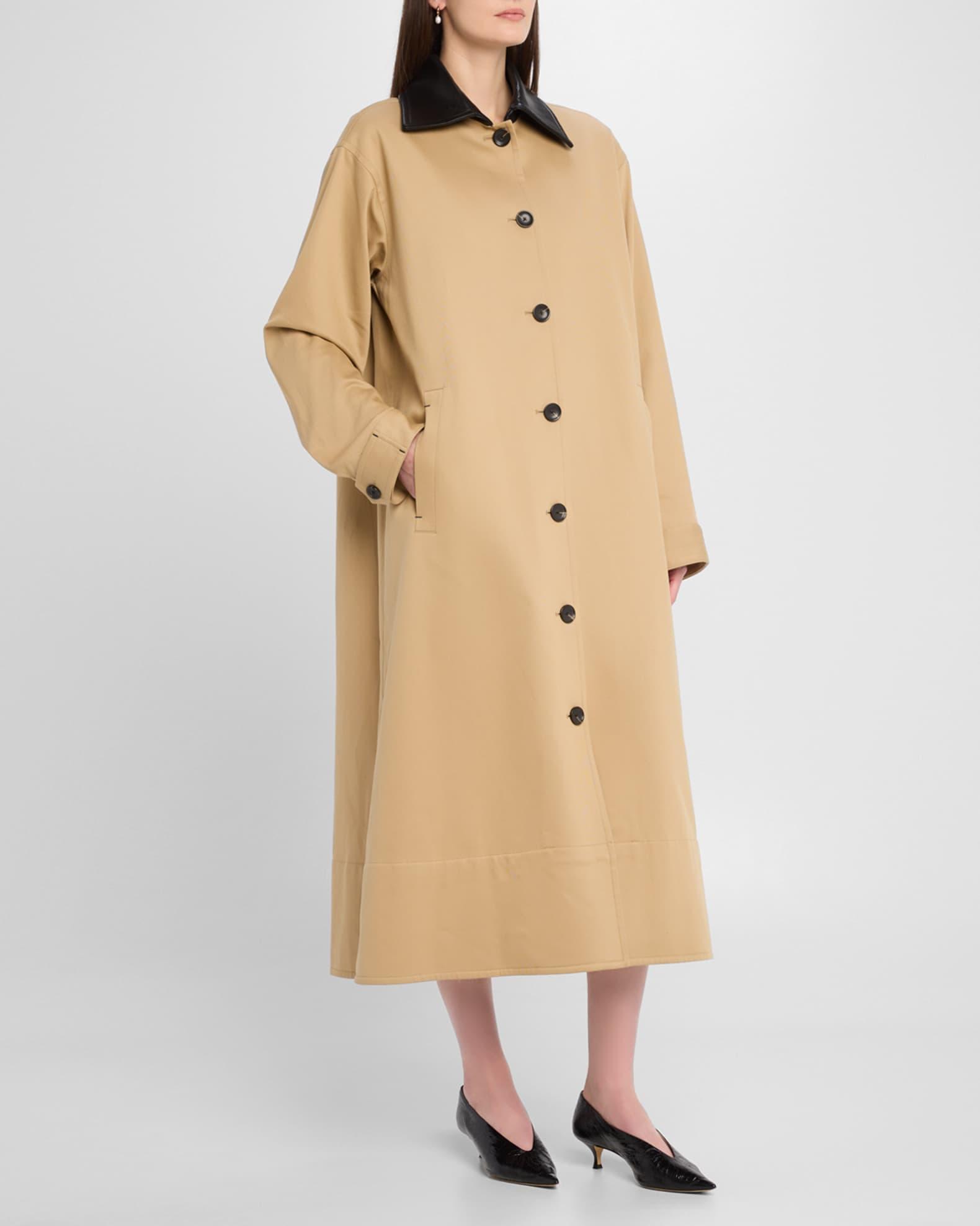 Leather-Collar A-Line Long Swing Coat Product Image