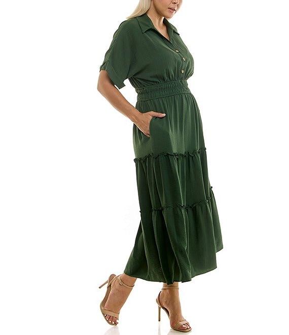 Moda Tara Plus Size Button Front Tiered Midi Shirt Dress Product Image