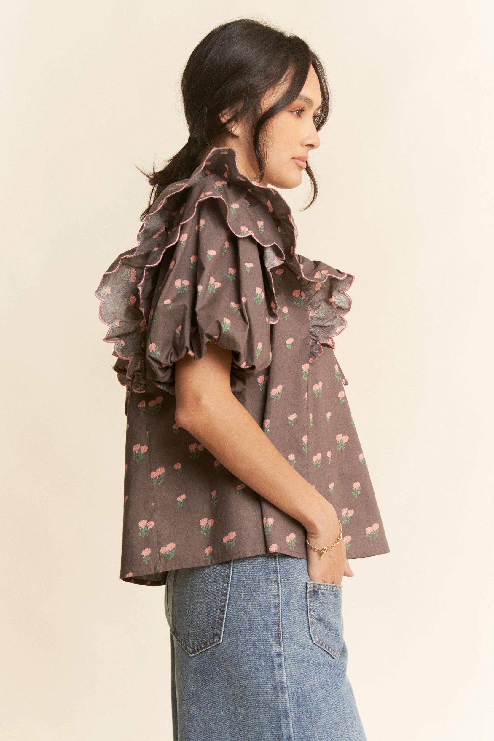 CONTRAST EDGE RUFFLE PUFF SLEEVE BLOUSE TOP: MOCHA BROWN Product Image