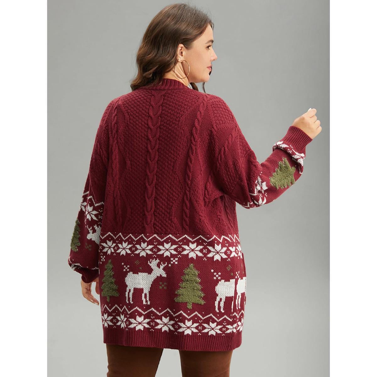 Plus Size Christmas Duffle Button Cable Knit Pocket Cardigan Scarlet Women Casual Loose Long Sleeve Festival-Halloween Cardigans BloomChic 30/6X Product Image