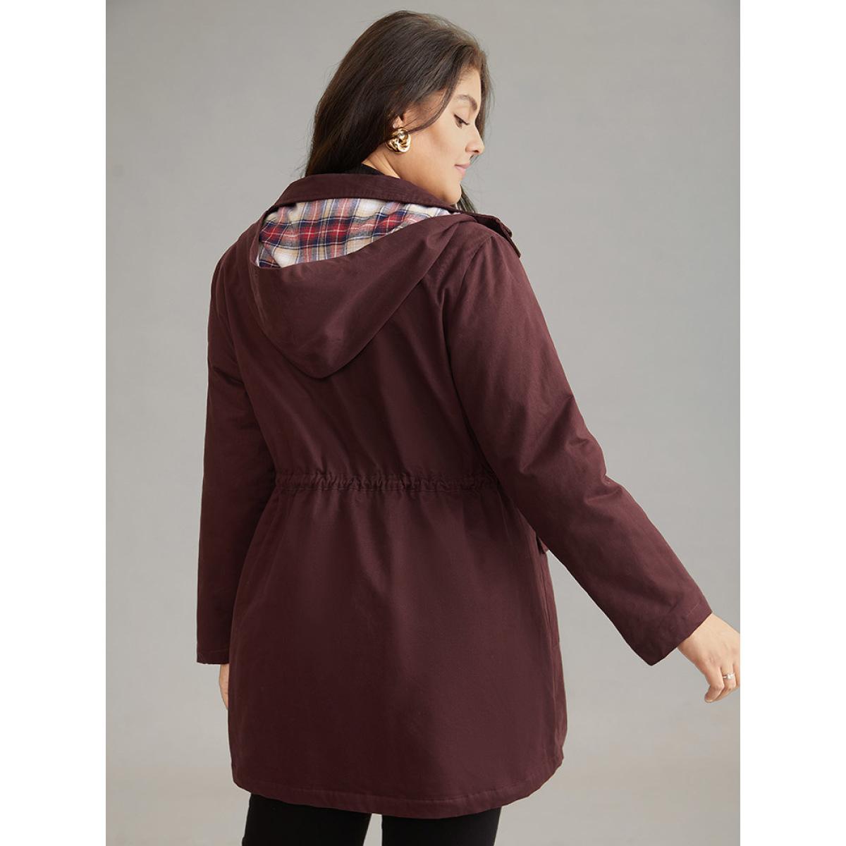 Plus Size Solid Zipper Drawstring Knot Flap Detail Coat Women Burgundy Casual Lined Ladies Dailywear Winter Coats BloomChic 26/4X Product Image