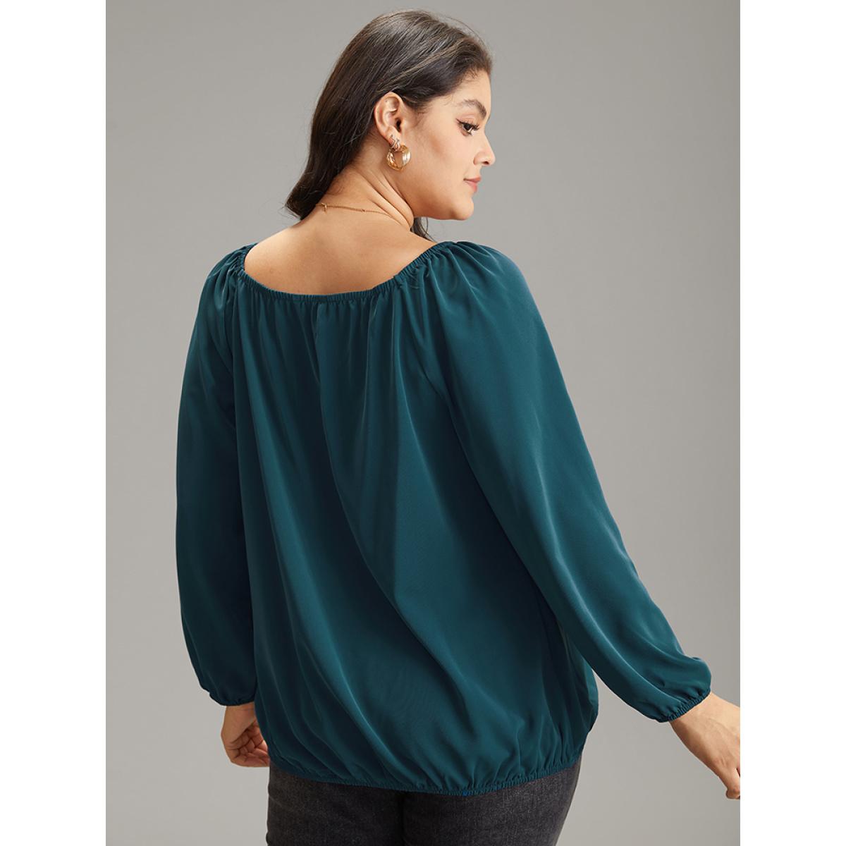 Plus Size Aegean Static-Free Solid Lantern Sleeve Plicated Detail Blouse Women Elegant Long Sleeve Square Neck Office Blouses BloomChic 12/L Product Image