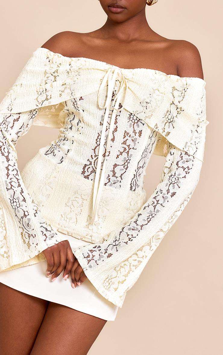 Lemon Fitted Lace Flared Sleeve Bardot Top Product Image