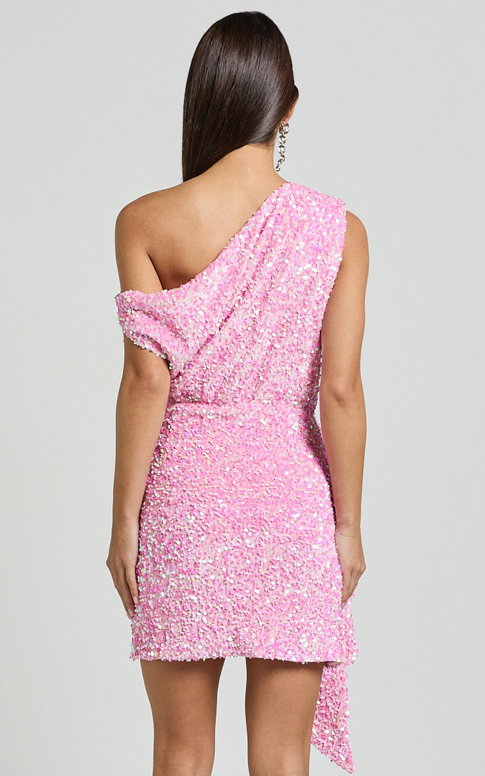 Tonya Mini Dress - Sequin Drape One Shoulder Dress in Pink Product Image