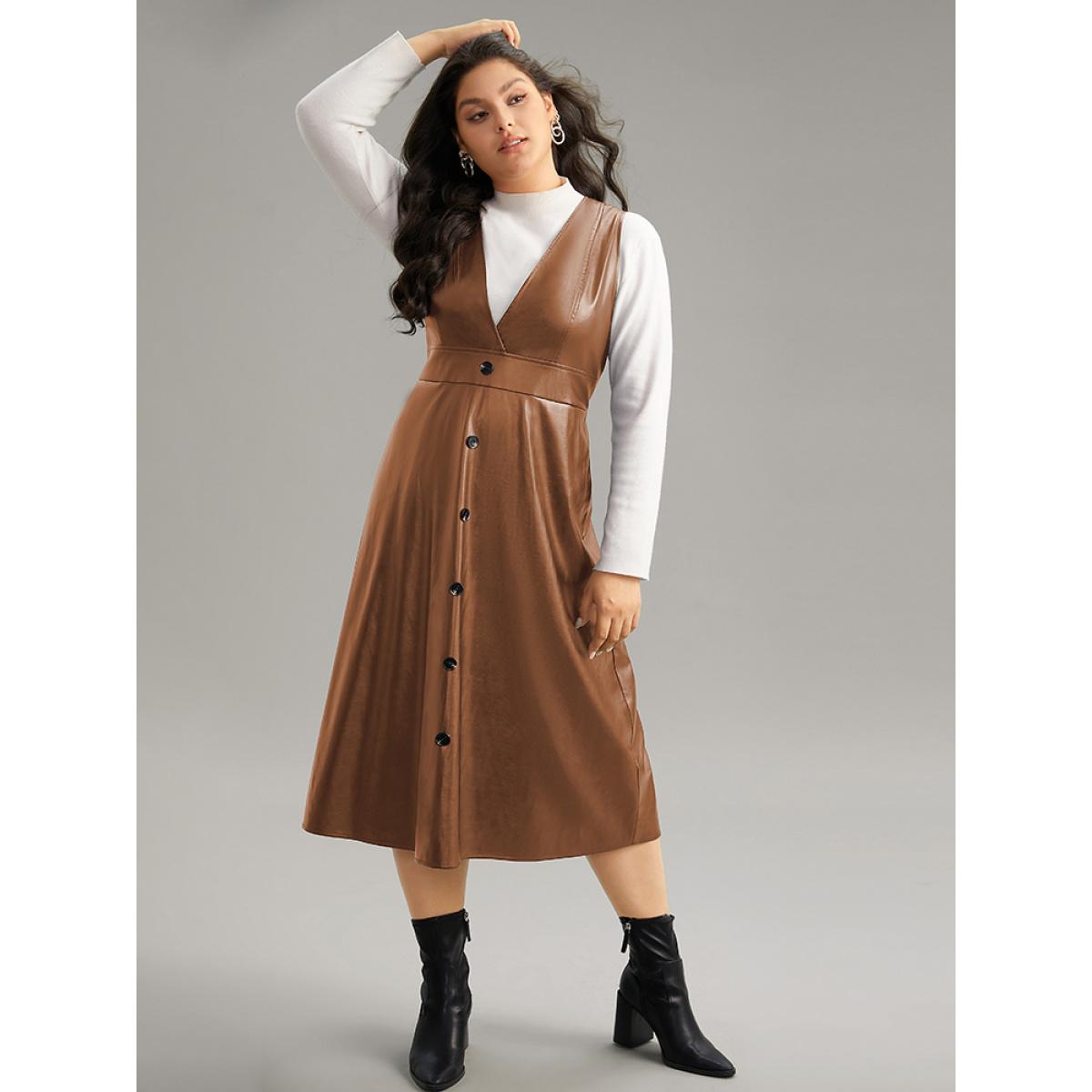 Plus Size PU Leather Sleeveless Button Detail Dress Chocolate Women Office Plain V-neck Sleeveless Curvy Midi Dress BloomChic 10/M Product Image