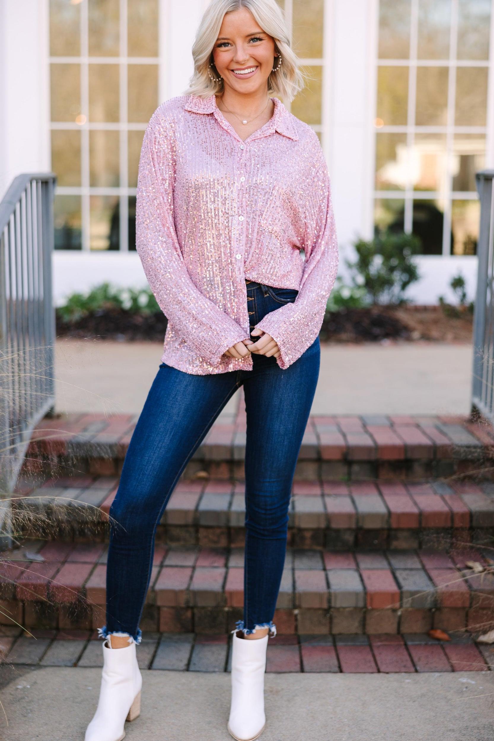 It's A Long Story Rose Pink Sequin Blouse Female Product Image