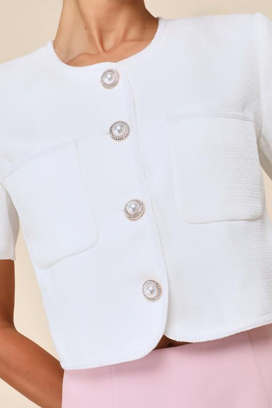 Majorly Elevated White Cropped Pearl Short Sleeve Jacket Product Image