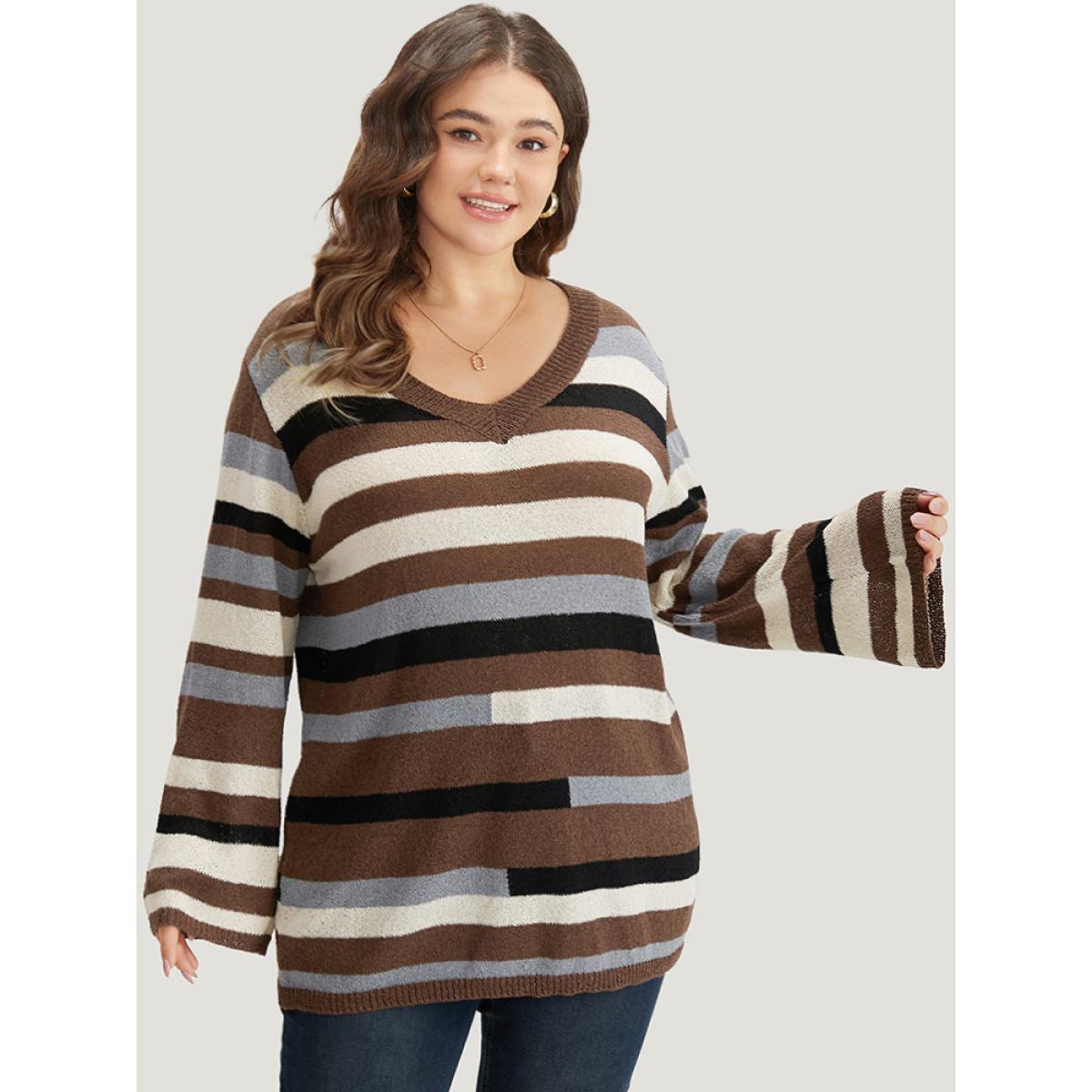 Plus Size Striped Colorblock Contrast V Neck Pullover Multicolor Women Casual Long Sleeve V-neck Dailywear Pullovers BloomChic 14-16/1X Product Image