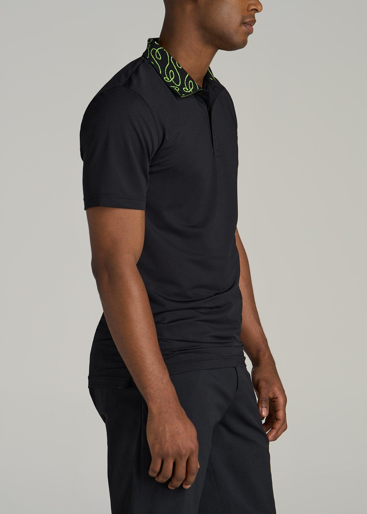 Jacquard Knit Collar Golf Polo Shirt for Tall Men in Black Male Product Image