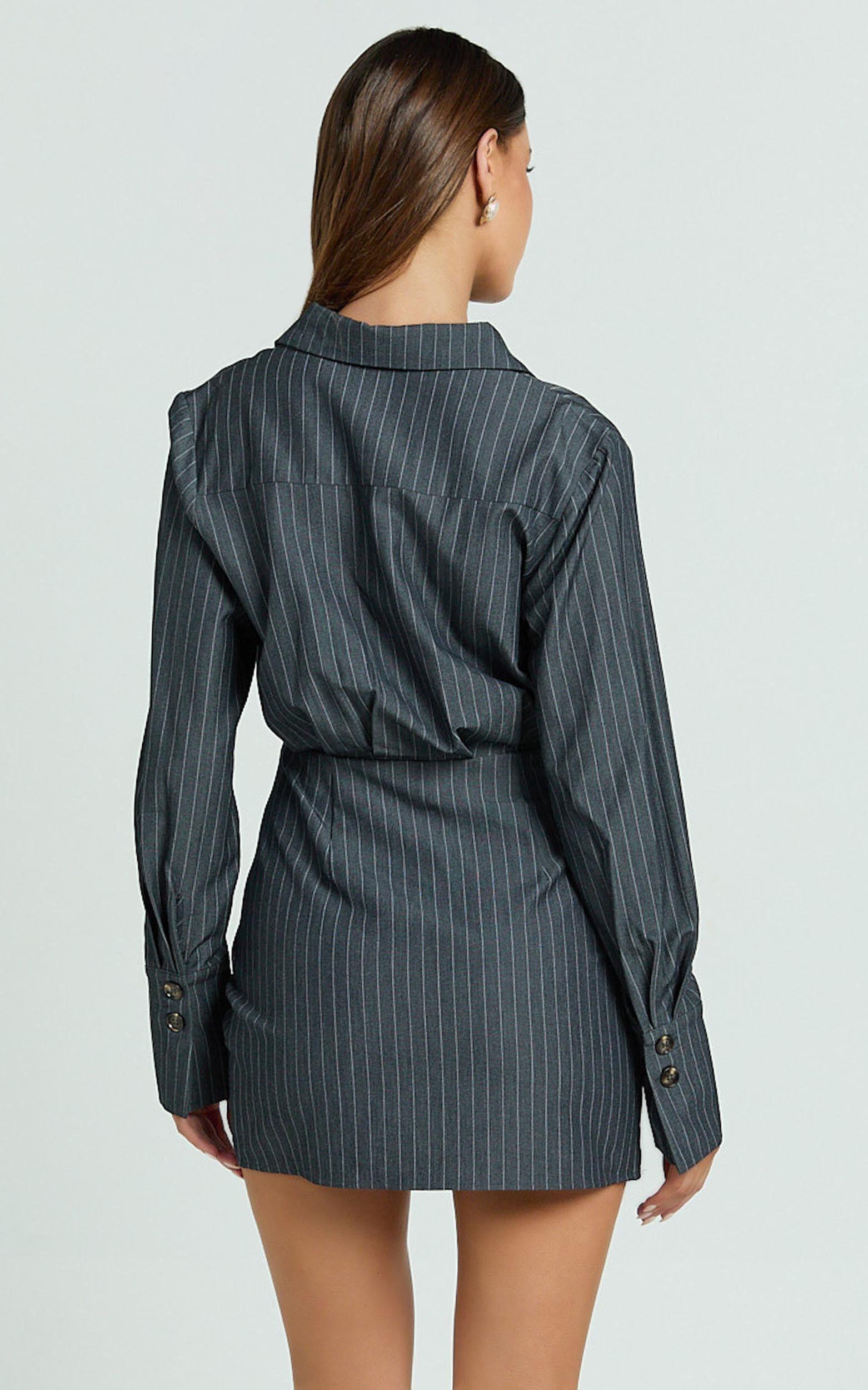 Desiree Mini Dress - Long Sleeve Wrap Skirt Shirt Dress in Grey Product Image