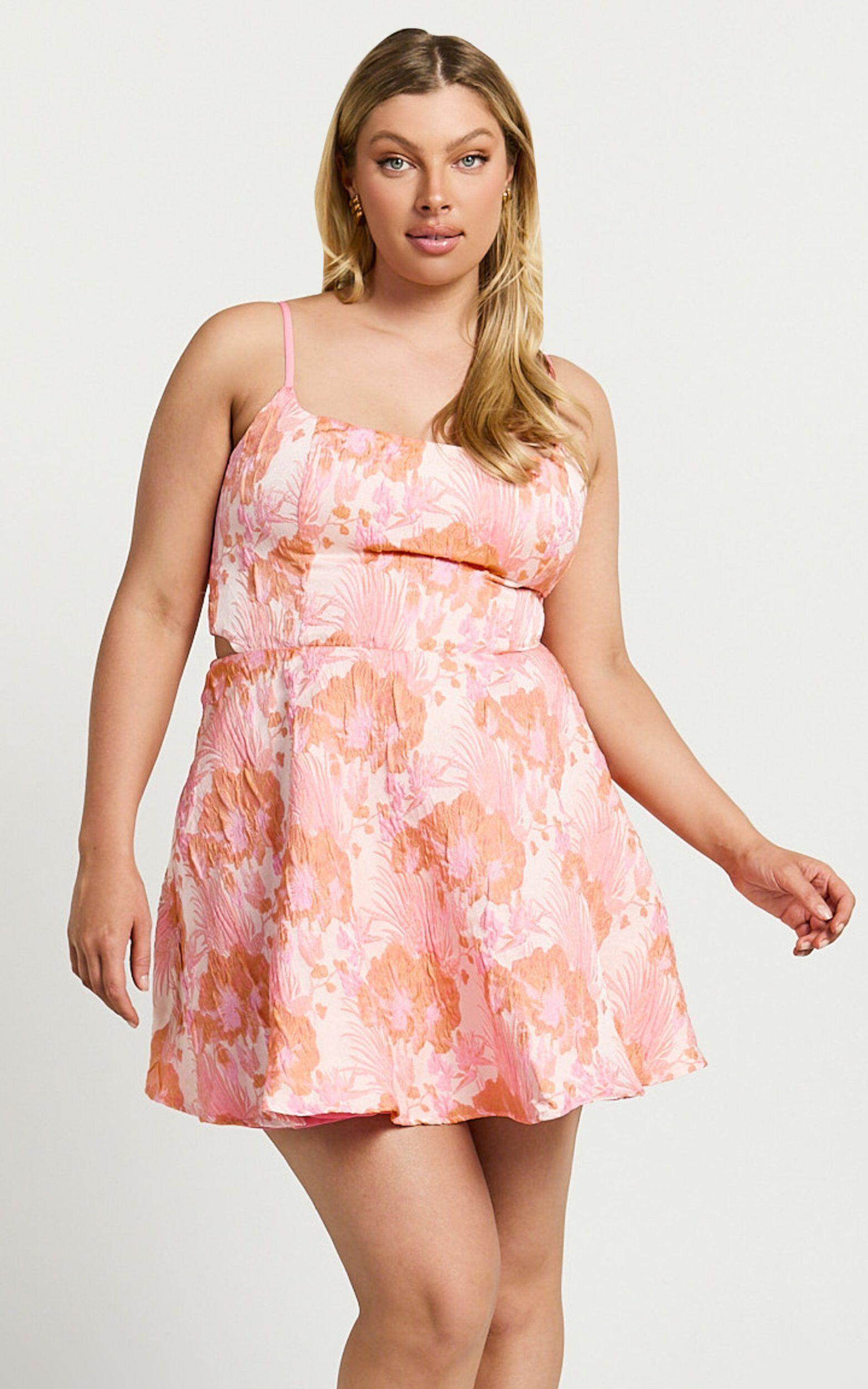 Lauraine Mini Dress - Strappy Straight Neck Back Cut Out Dress in Pink and Orange Floral Product Image