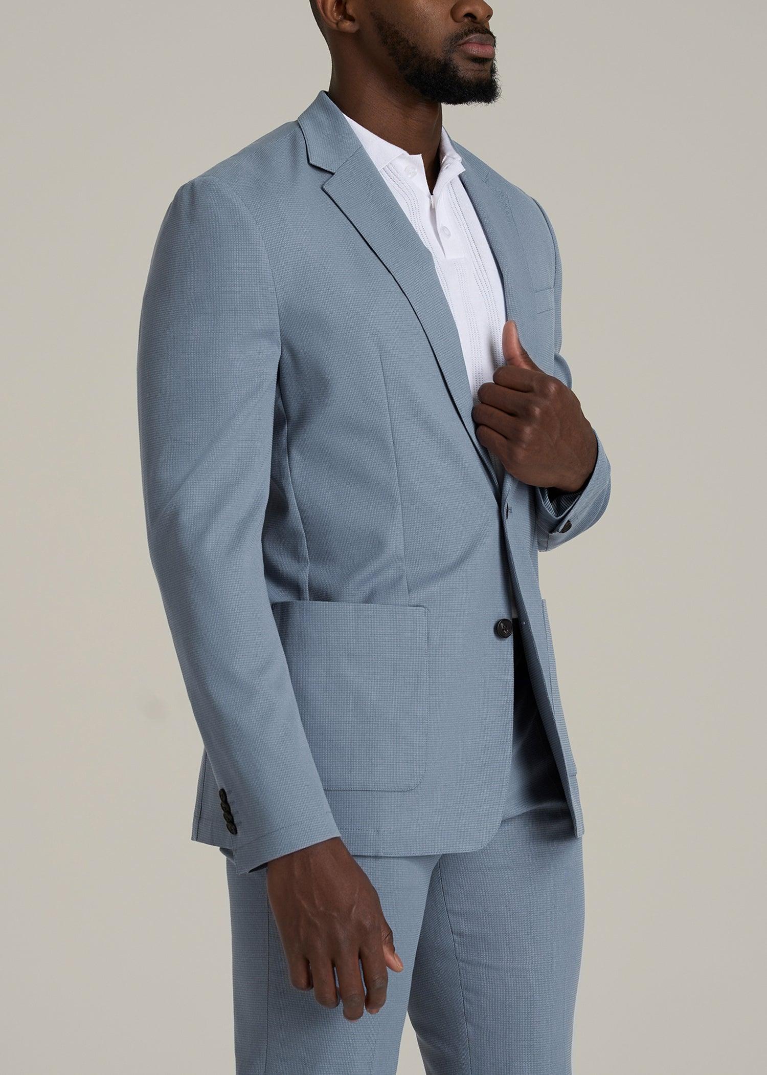 Textured Garment Washed Stretch Cotton Blazer for Tall Men in Chambray Male Product Image