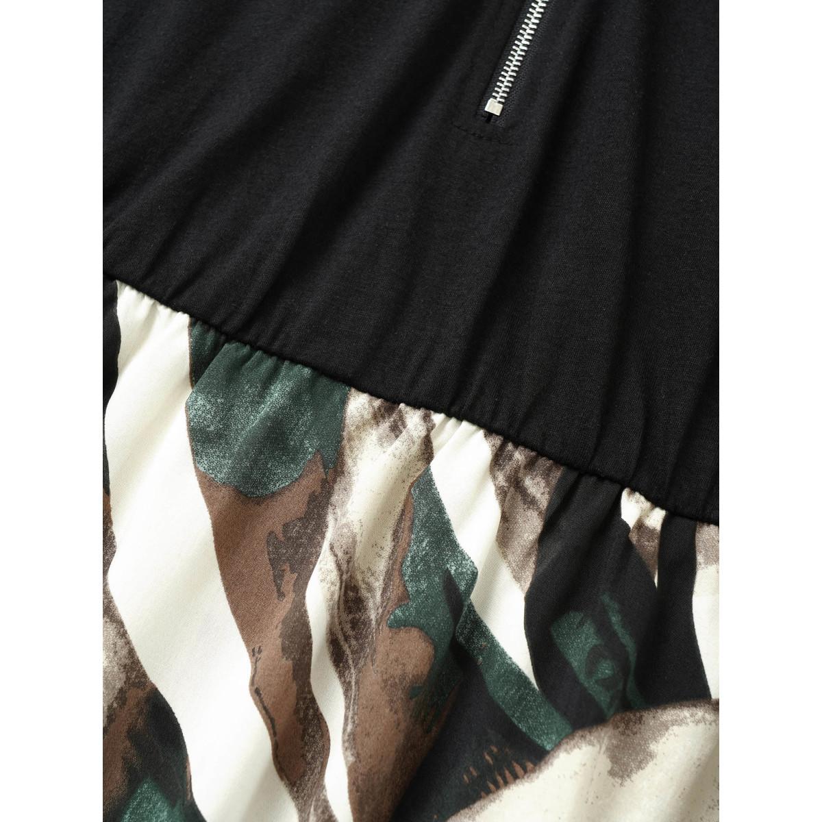 Plus Size Colorblock Contrast Half Zip Belted Dress Black Women At the Office Non V-neck Elbow-length sleeve Curvy Midi Dress BloomChic 22-24/3X Product Image