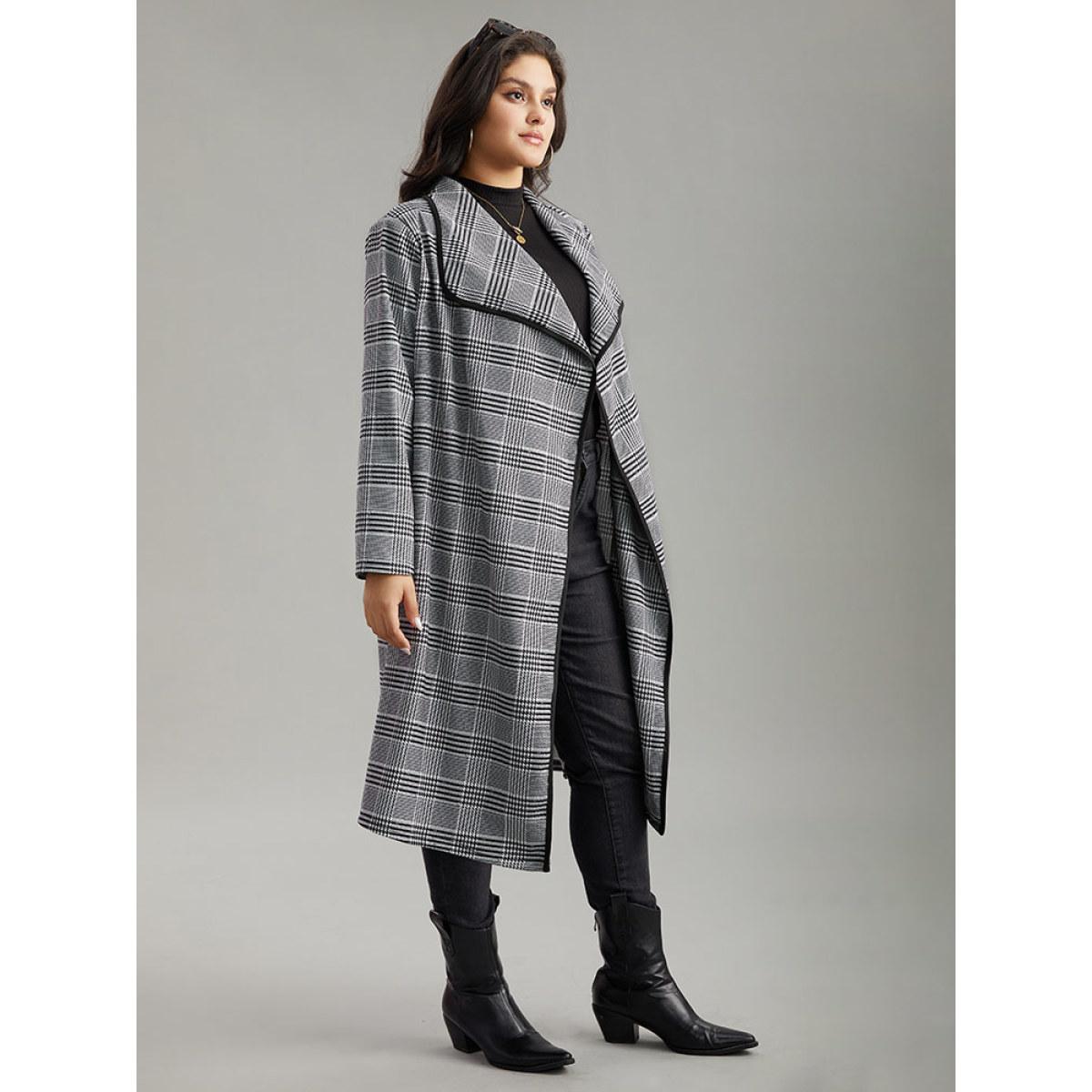 Plus Size Plaid Asymmetrical Neck Open Front Coat Women Black At the Office Contrast Ladies Work Winter Coats BloomChic 22-24/3X Product Image