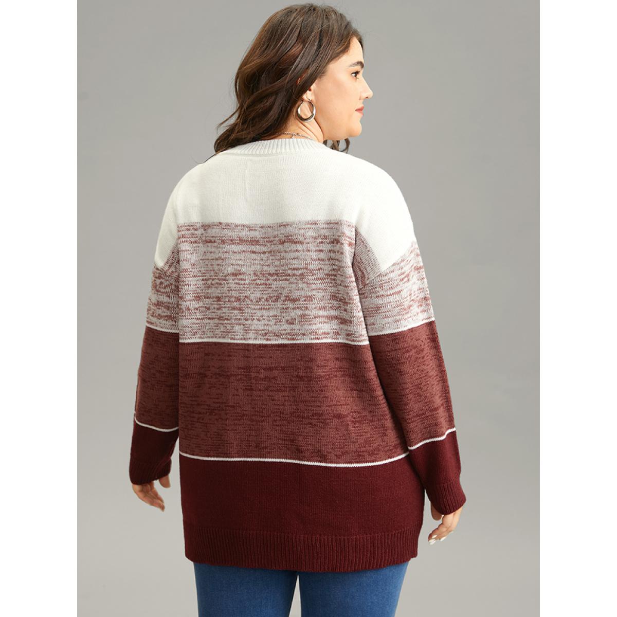 Plus Size Heather Colorblock Contrast Knit Pullover Russet Women Casual Loose Long Sleeve Round Neck Dailywear Pullovers BloomChic 14-16/1X Product Image