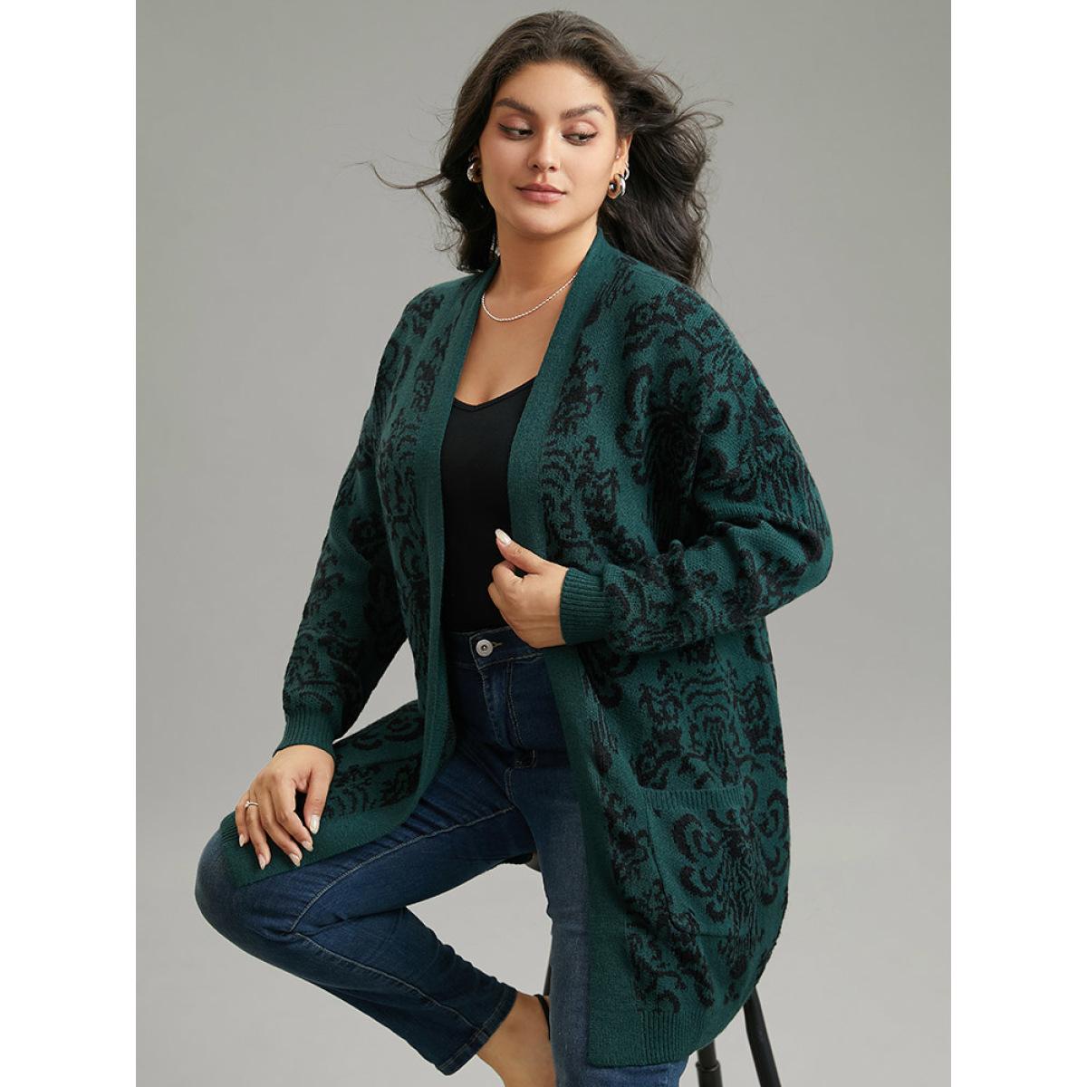 Plus Size Supersoft Essentials Floral Pocket Contrast Cardigan DarkGreen Women Casual Loose Long Sleeve Dailywear Cardigans BloomChic 30/6X Product Image