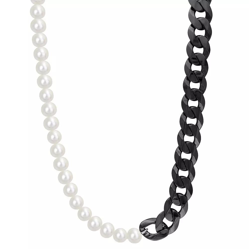 Stella Grace Men's Freshwater Cultured Pearl & Sterling Silver Black Ruthenium Plating Curb Link Chain Necklace,  Product Image