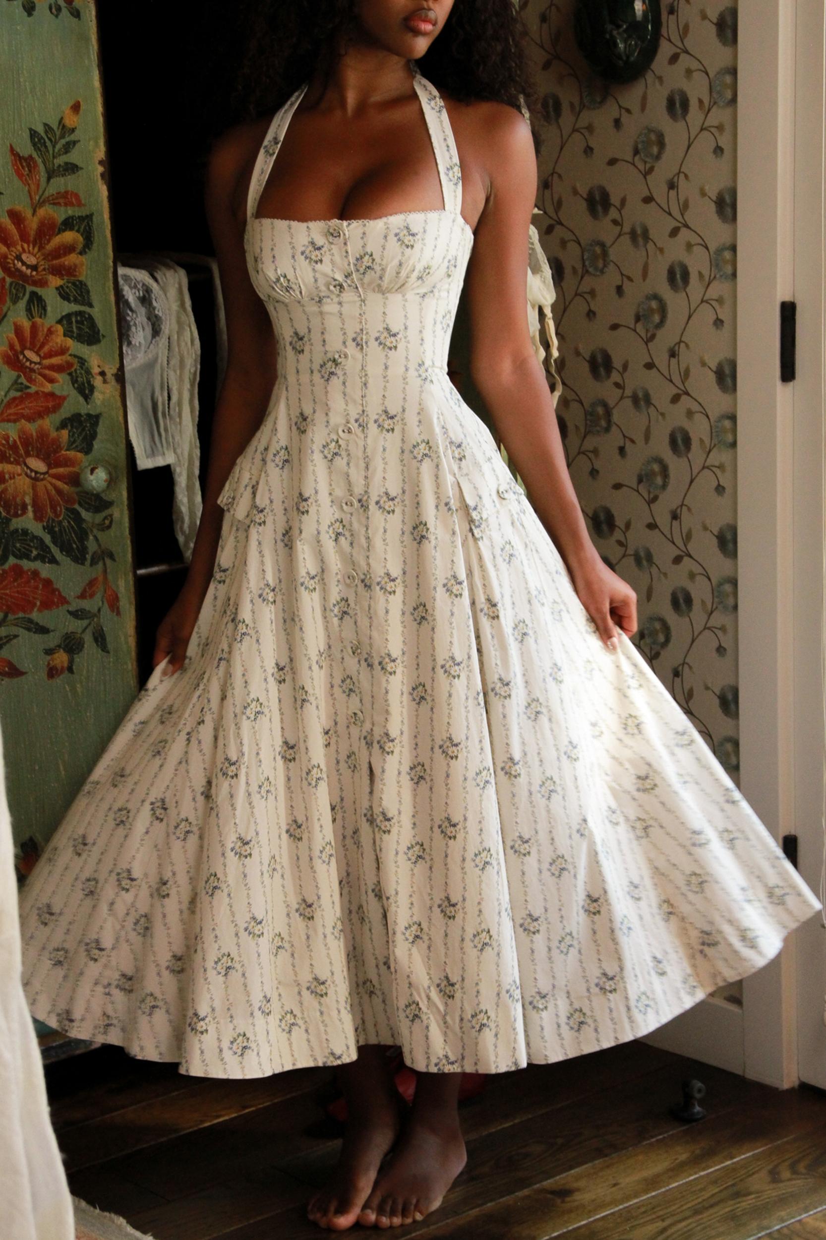 Claudia  cream daisy print stretch cotton halter neck midi dress Product Image